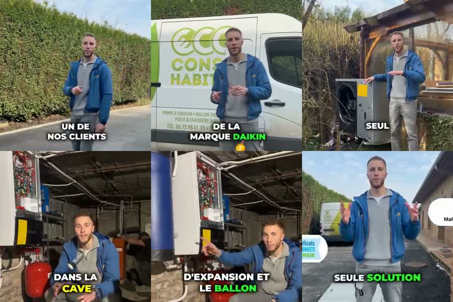 Storyboard : haie → camion floqué → unité extérieure → cave (vase, ballon) → CTA